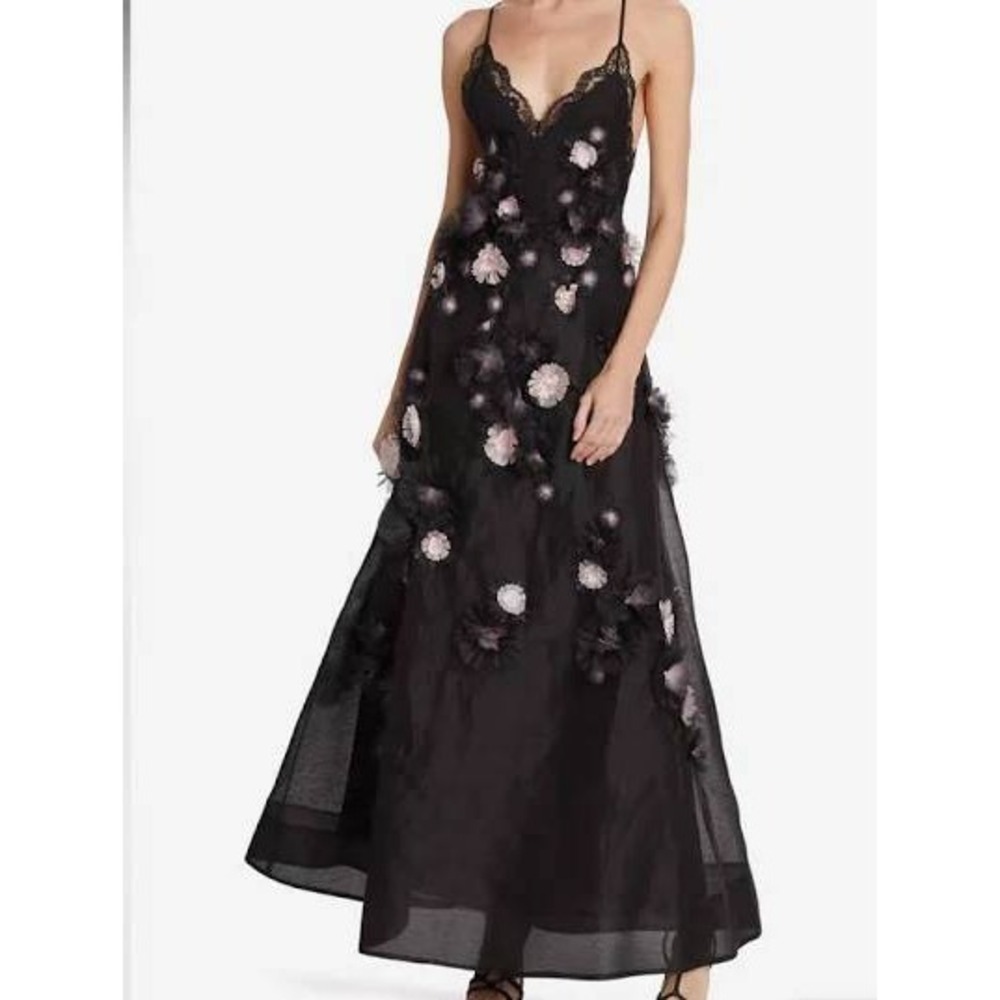 Zimmermann Black Pink Floral Matchmaker Daisy Open Back Appliqué Linen Silk Gown